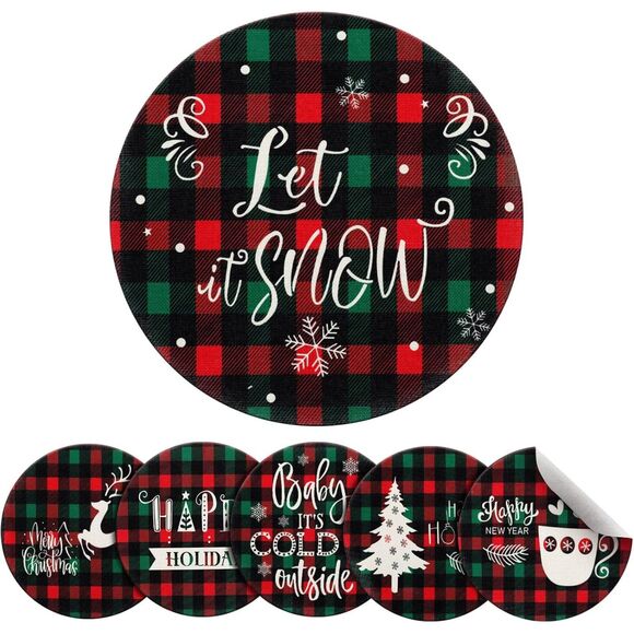 6 Pcs Round Christmas Placemats Winter Snowflake Deer Buffalo Plaid Table - Picture 1 of 6
